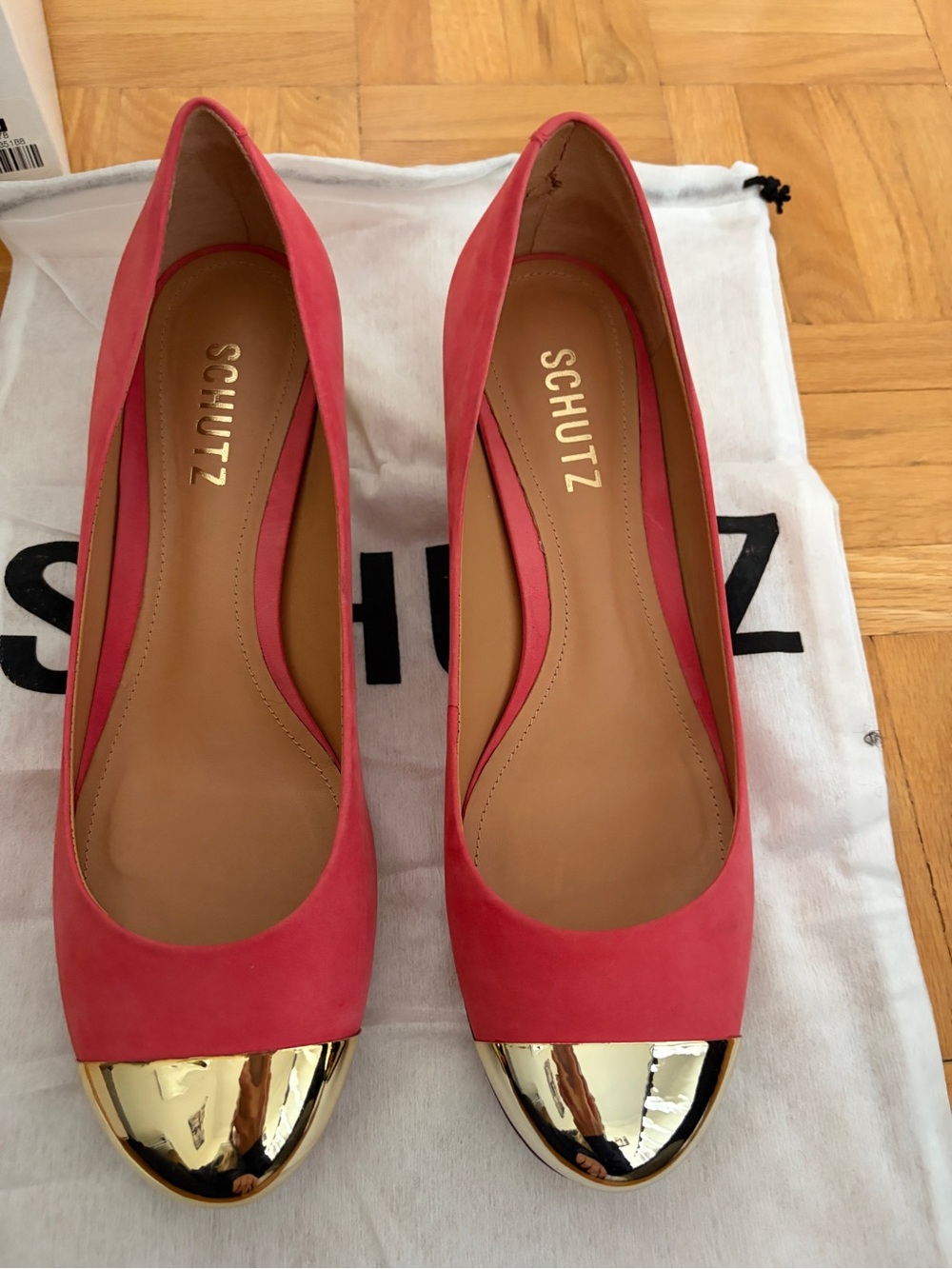 SCHUTZ Coral Pink Suede Pumps with Gold Cap Toe